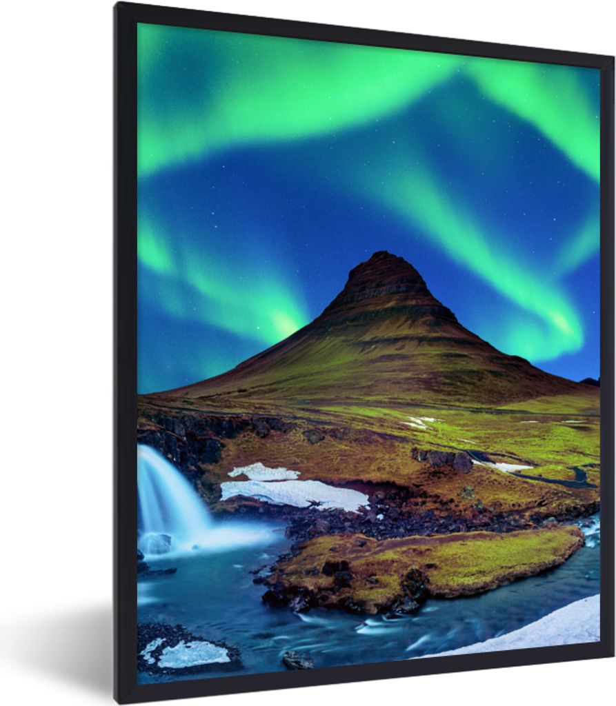 MuchoWow Gerahmtes Poster Nordlicht - Sternenhimmel - Island - Berg - Grün - Wasserfall - See 30x40 cm - Poster mit Schwarzem Bilderrahmen Wandp...