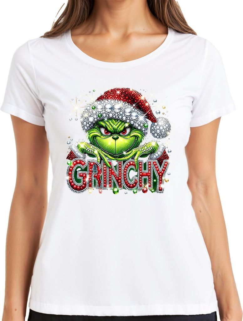 Grinchy Weihnachten Glitzer Strass Santa frech lustig Geschenk Damen T-Shirt, Weiß, XXL