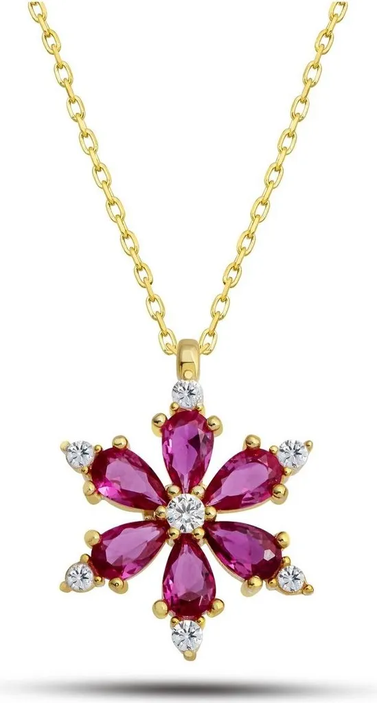 Collier fleur camélia en argent doré et oxyde de zirconium rouge vif