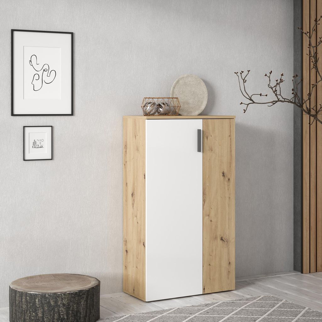 Forte BOOTS Schuhschrank 70, Skandi Stil Schuhschrank, 2-türig, Holzwerkstoff, Flur, Artisan Eiche Holzdekor, Weiß, 68,9 cm breit x 120,4 cm hoch...