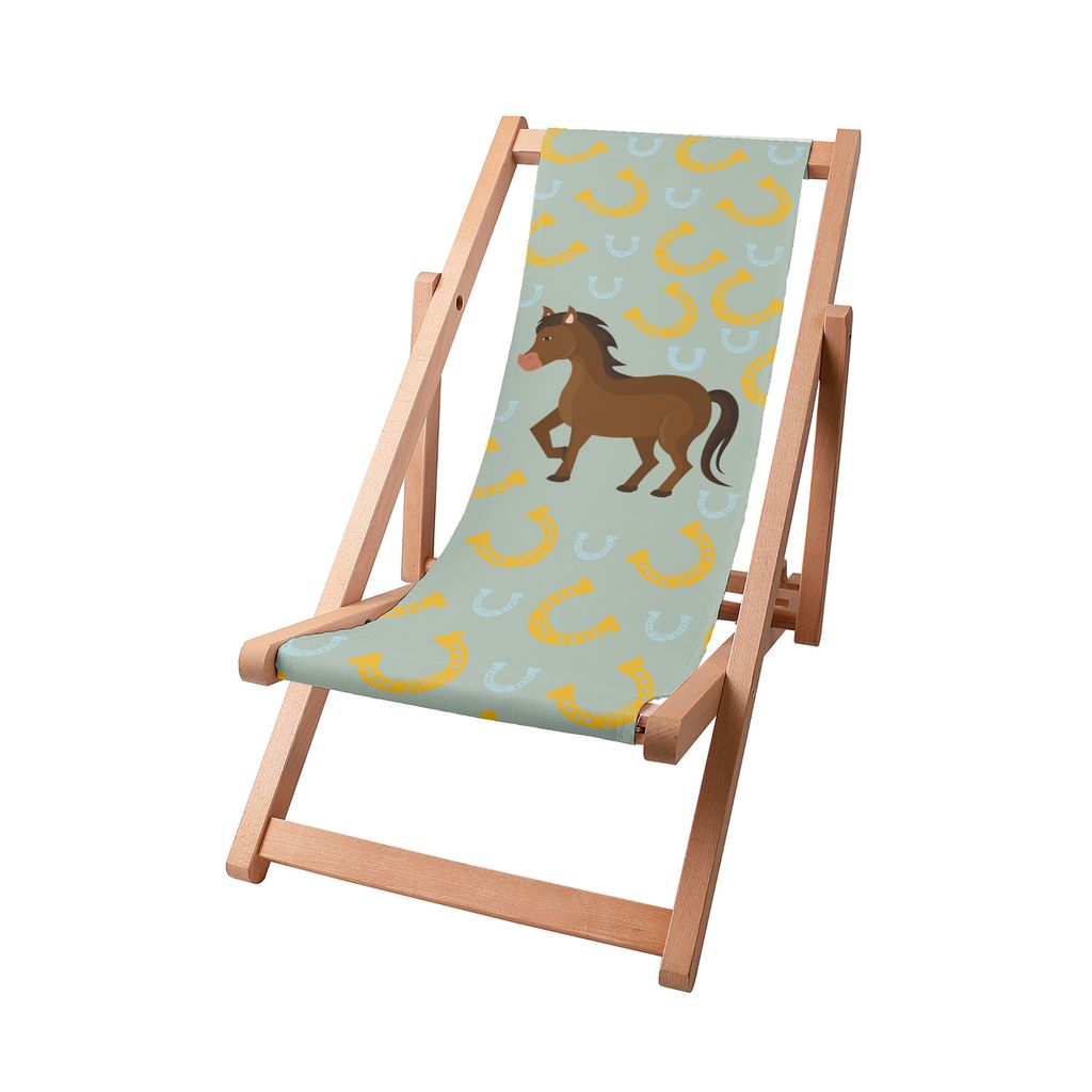A wooden deck chair with a fabric seat featuring a cartoon horse and horseshoe pattern.
