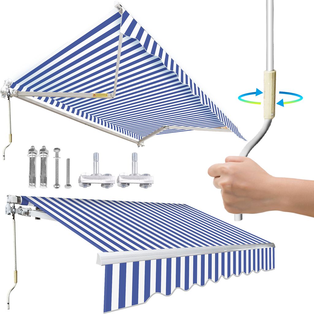 Aopunly Gelenkarmmarkise 350x300cm Blau-Weiß gestreift Sonnenmarkise Terrassenmarkise für Wandmontage, Balkonmarkise mit Handkurbel Sonnenschutz ...