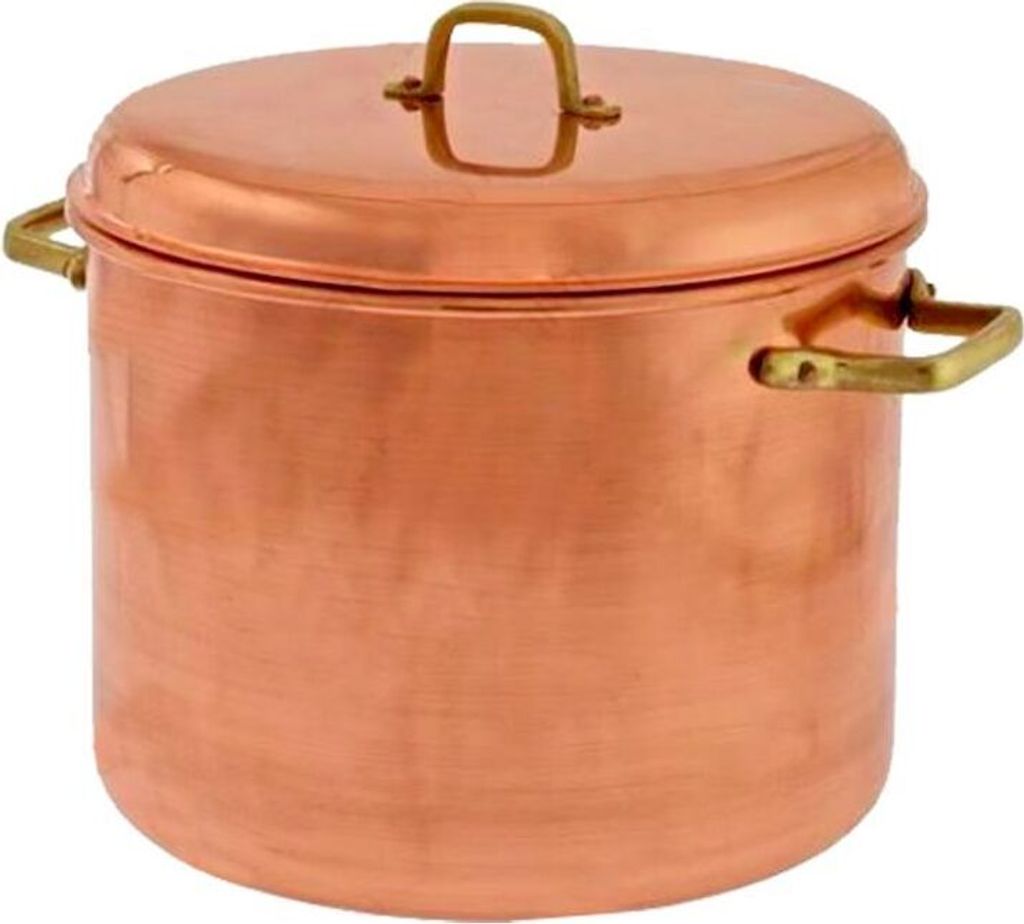 A copper pot with handles and a lid, isolated on a white background.