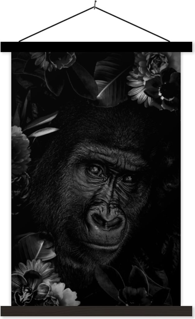 MuchoWow Textilposter Botanischer Affe auf schwarzem Hintergrund - schwarz und weiß 120x180 cm mit schwarzem Rahmen - Fotos