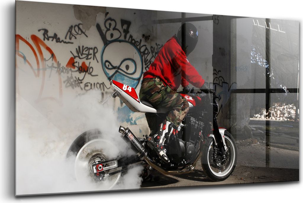 120x60 - Glasbilder - Bilder auf Wandbild - Foto auf Glas - Mann auf einem Motorrad, umgeben von Graffiti