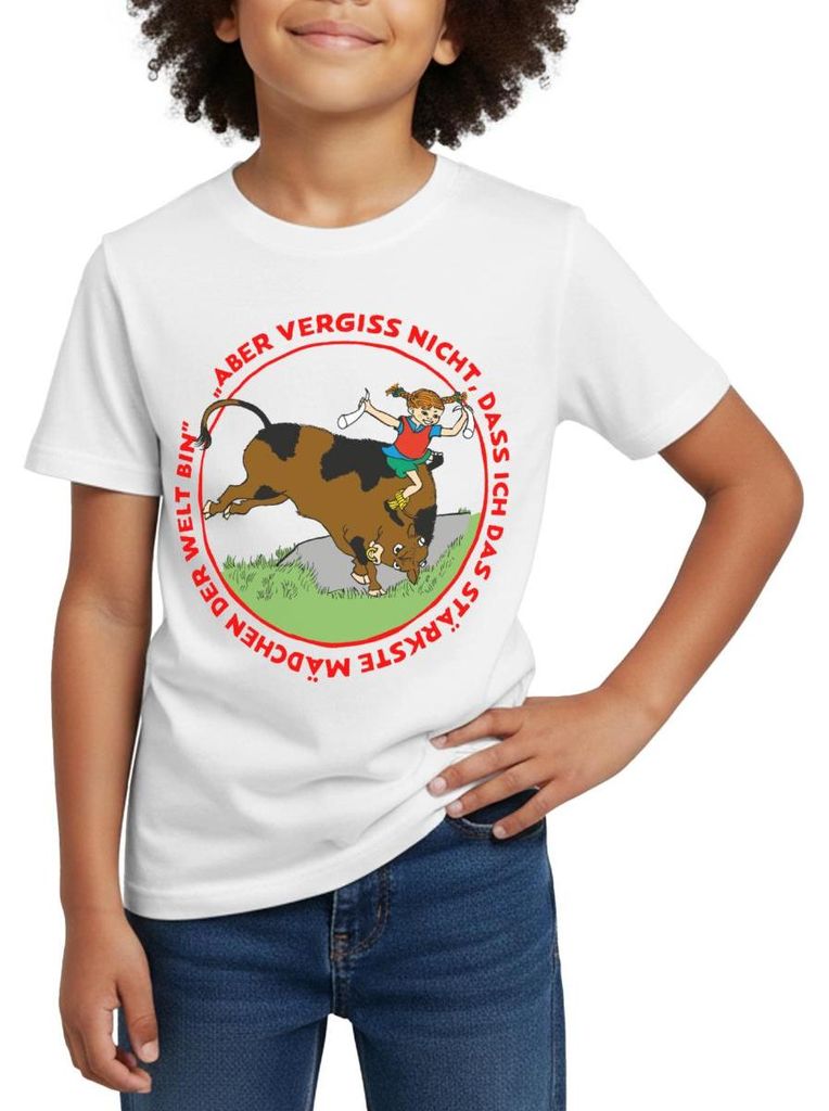 Spreadshirt Pippi Langstrumpf Das Stärkste Mädchen Der Welt Kinder T-Shirt, 122/128 (7-8 Jahre), Weiß