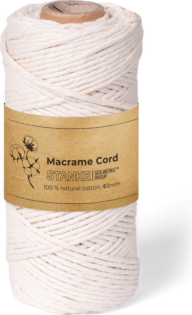 STANKE Makramee Garn 3mm 100 m Farbe Natur - Baumwollgarn für Boho-DIY, Körbchen, Traumfänger - Baumwollkordel für Girlanden, Untersetzer, Tasc...