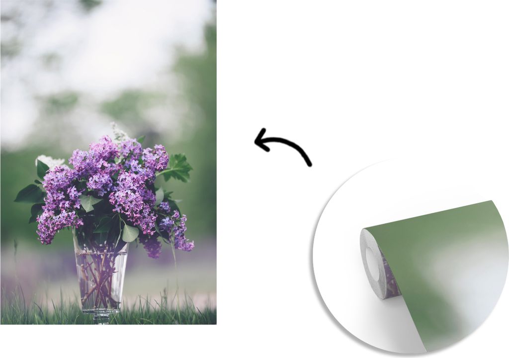 MuchoWow Fototapete für Wohnzimmer oder Schlafzimmer Wandtapete Vinyl Motivtapete Süß duftender Flieder in Glasvase - 190x280 cm - Küche