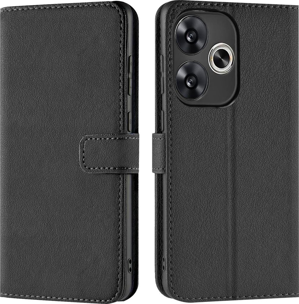 A black flip case for a smartphone is shown from two angles, open and closed.