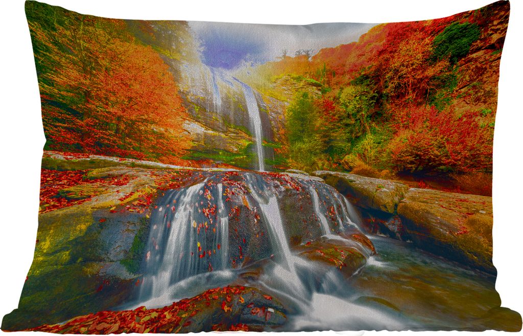 MuchoWow Outdoor Kissen - Wasserfall - Natur - Herbst - Rot - Wasser - 50x30 cm - Wetterfest - Lounge Kissen - Sofa kissen - Wohnzimmer Dekoration
