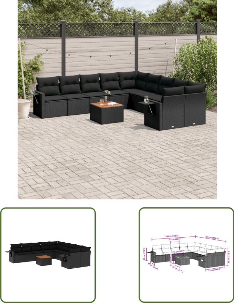 The Living Store 11-tlg. Garten-Sofagarnitur mit Kissen Schwarz Poly Rattan
