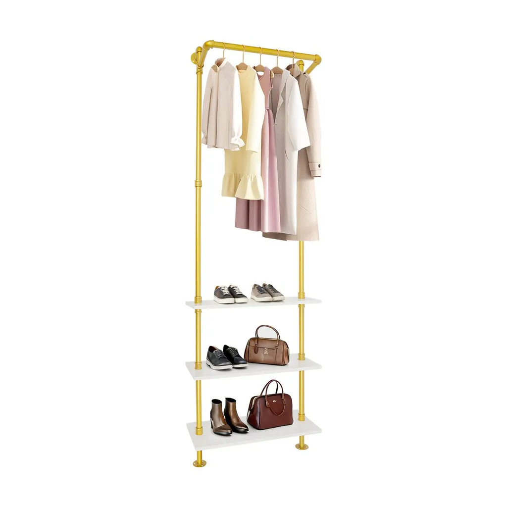 Porte-manteau or en métal avec 3 étagères en bois - Modèle Luxe Gold