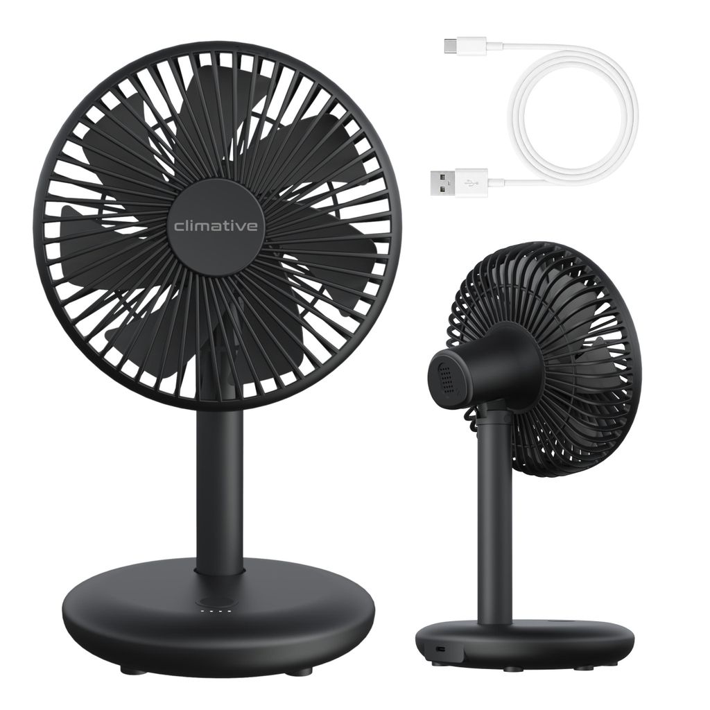 Climative Tischventilator sehr leise - 7-Flügel USB Ventilator Akku 2000 mAh, Ø 14cm, 4 Modi, Naturwind, Bürstenloser Mini Lüfter für Büro Br...