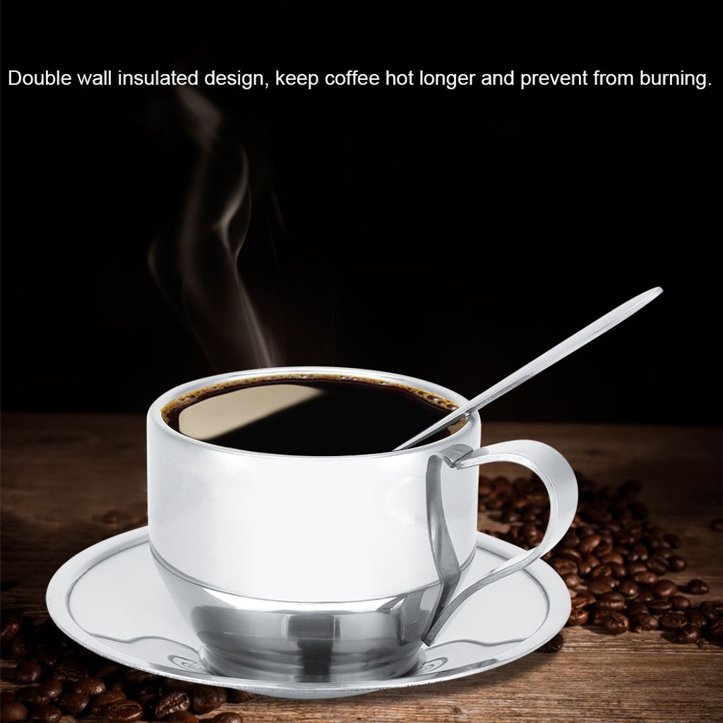 Edelstahl Isolierte Kaffeetasse Doppelwandig Tee Milchbecher mit Untertasse Löffel Set Geschirr