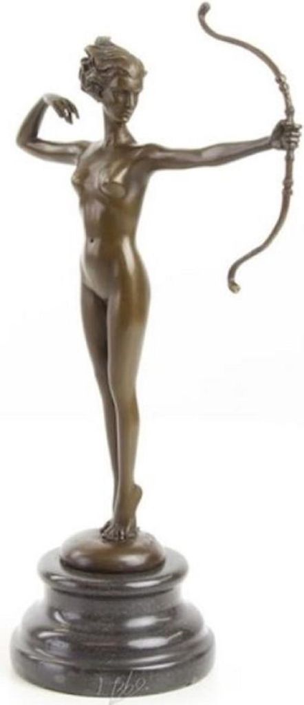 Casa Padrino Luxus Bronze Figur Frau mit Bogen 9,9 x 17 x H. 30,9 cm - Bronze Skulptur mit Marmorsockel - Dekofigur - Luxus Deko Accessoires