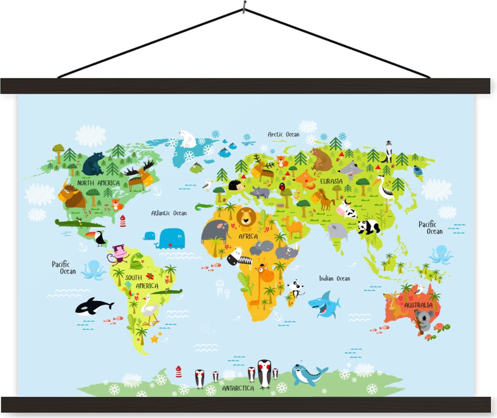MuchoWow Textilposter Weltkarte - Kinder - Tiere - Natur - Jungen - Mädchen 60x40 cm mit schwarzem Rahmen - Hölzernes