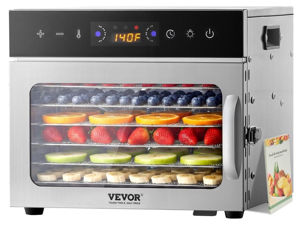 VEVOR Dörrgerät Dörrautomat 6 Edelstahlschalen, elektrischer 400 W Futtertrockner mit einstellbarer Temperatur, Gefriertrockner für Trockenfleisch