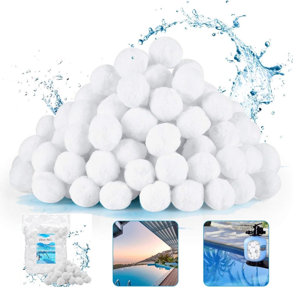 A pile of white filter balls with water splashes, and three smaller inset images showing a bag of filter balls, a swimming pool at sunset, and a pool filter system.