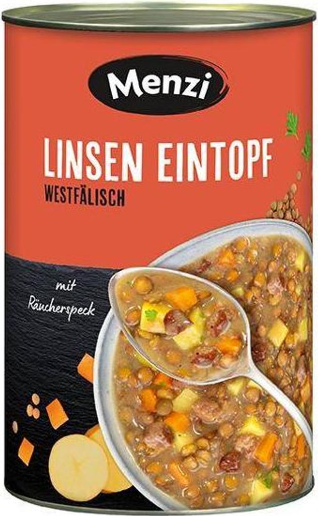 Menzi Linsen Eintopf westfälisch 4200 G Dose mit Räucherspeck verfeinert Tafelfertig Proteinreich Frei von Ei