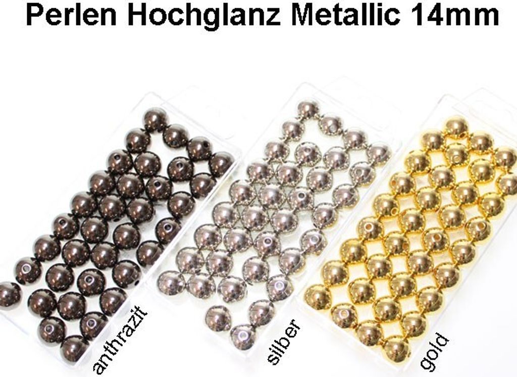 35 Perlen Metallic Ø14mm metallisch glänzend Deko Hochzeit Kunstperlen mit Loch, Farbe:anthrazit