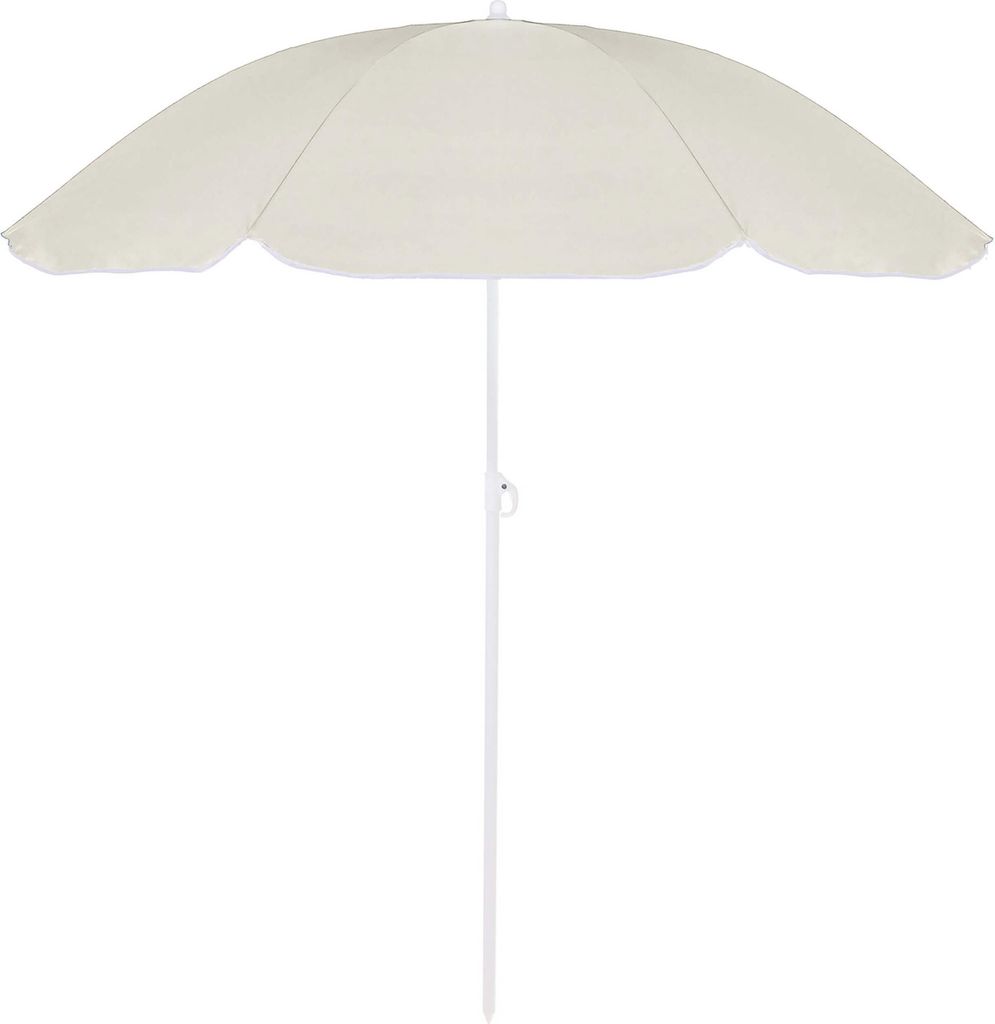 A beige beach umbrella with a white pole against a white background.