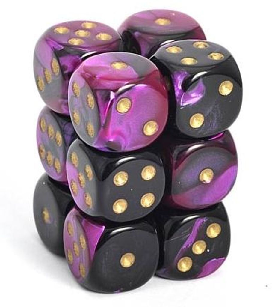 Chessex Gemini 16mm d6 with pips Dice Blocks (12 Dice) - Black-Purple w/gold
