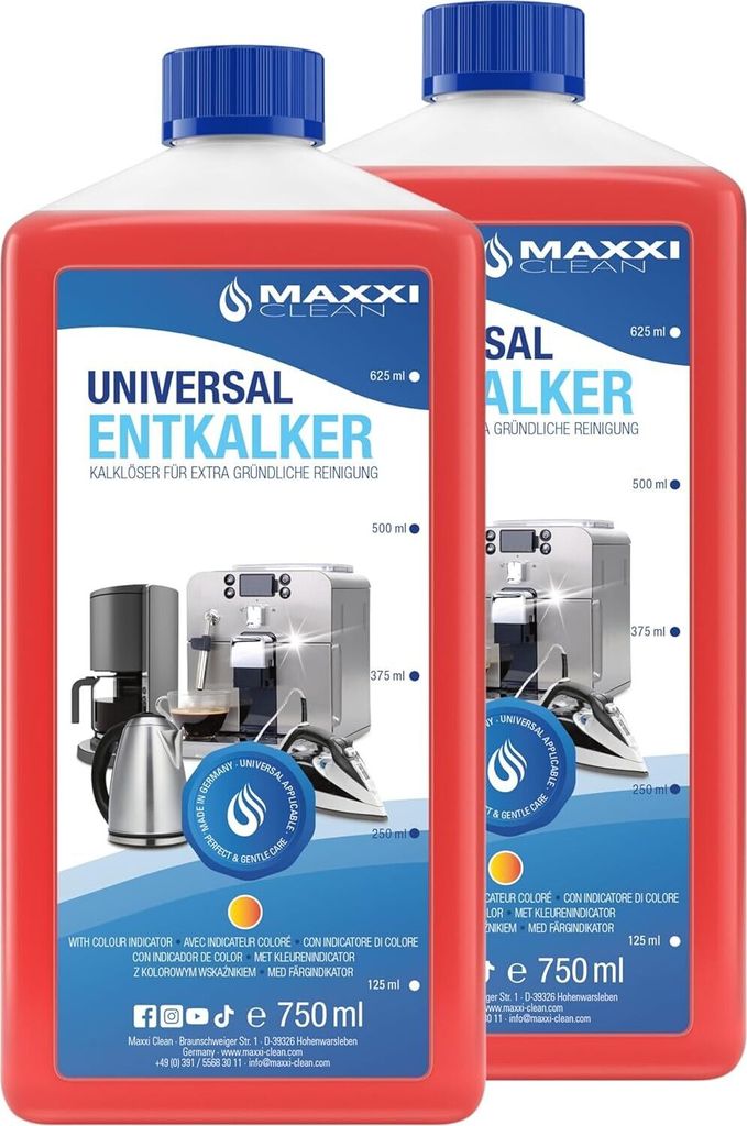 Two bottles of liquid descaler for coffee machines and other appliances.