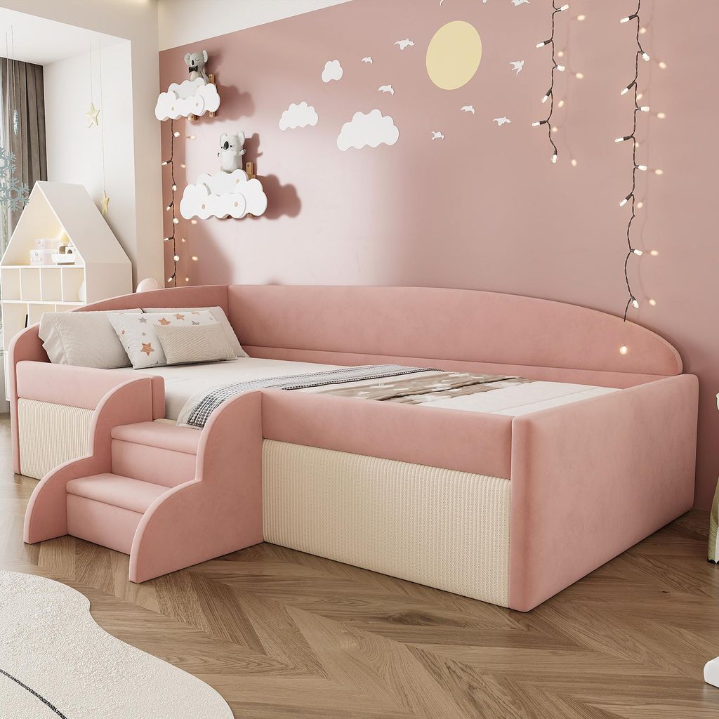 STILVORA Polsterbett 90×190 Multifunktionsbett mit Stufen und Zäunen,Hautfreundlicher Samtstoff,Einfacher Aufbau, Rosa+Cremeweiß