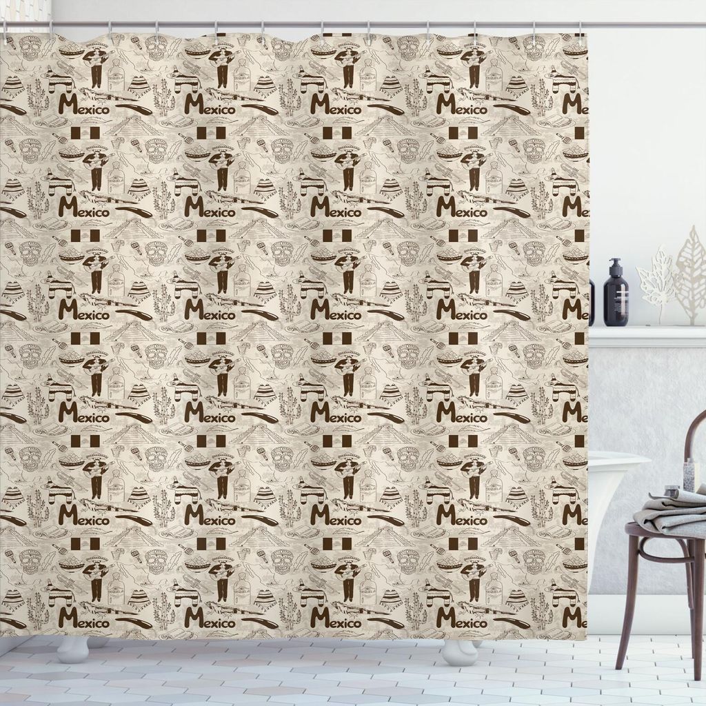 ABAKUHAUS Mexiko Duschvorhang, Kultureinzelteile Muster mit Kaktus Zuckerschädel Tequila Flagge Maracas Burrito, 175 x 240 cm, Champagner Schokolade