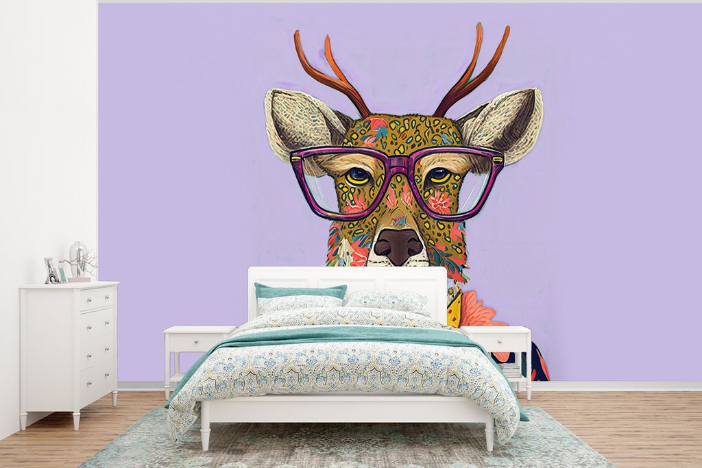 MuchoWow Fototapete für Wohnzimmer oder Schlafzimmer Wandtapete Vinyl Motivtapete Hirsche - Tiere - Blumen - Hippie - 295x220 cm - Wand Tapete