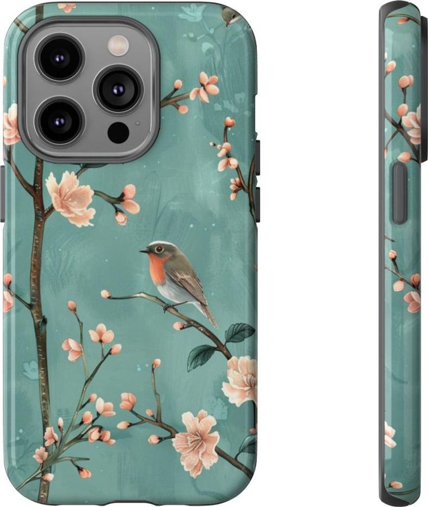 Pfirsichblüten und Rotkehlchen – Hülle Kompatibel mit iPhone 14 Pro