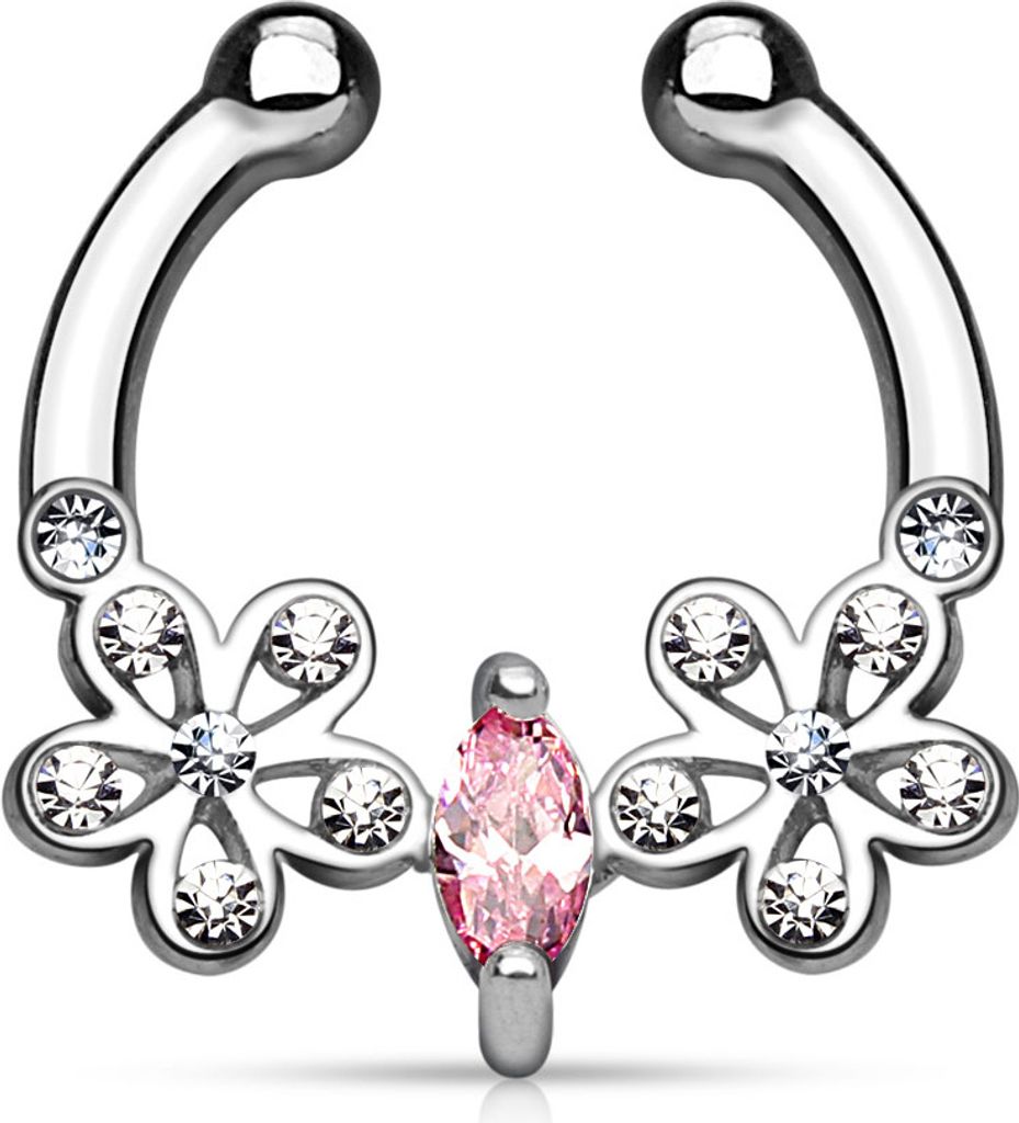 Nasenpiercing Nasenring Fake Piercing Septum Helix Zirkonia Kristalle Blume silber-rosa