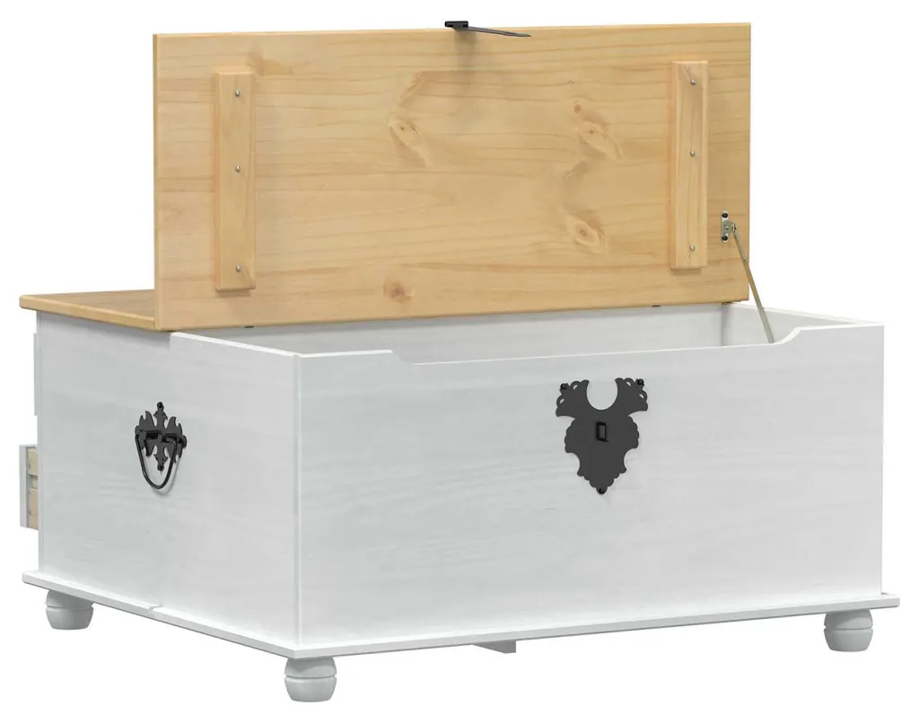 Malle de rangement blanche en bois massif de pin avec couvercle relevable