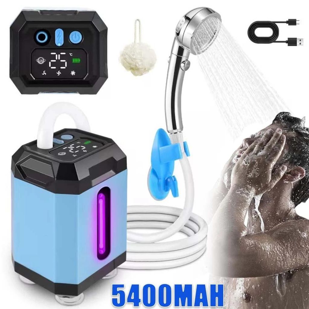 Tragbare Campingdusche, Camping Dusche Outdoor, 5400mAh Akku, mit Pumpe und Temperaturanzeige, Mobile Duschen Außenduschen mit Duschkopf und Schlauch