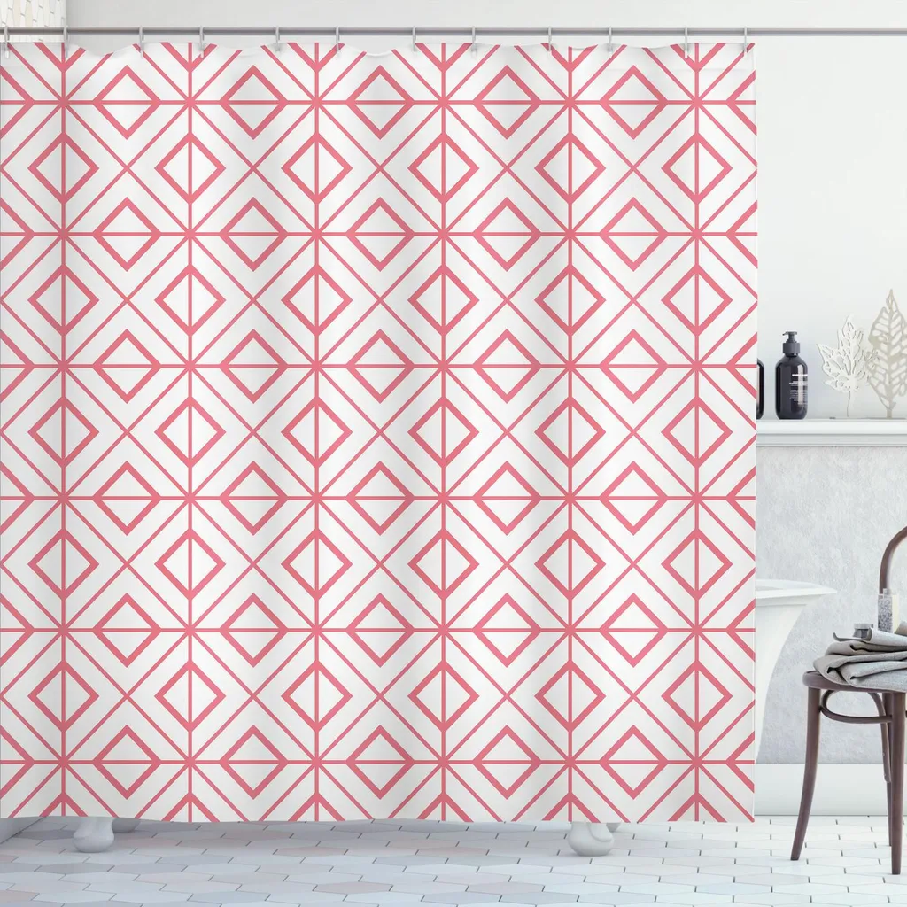 Rideau de douche textile rose à motifs géométriques style rétro chic