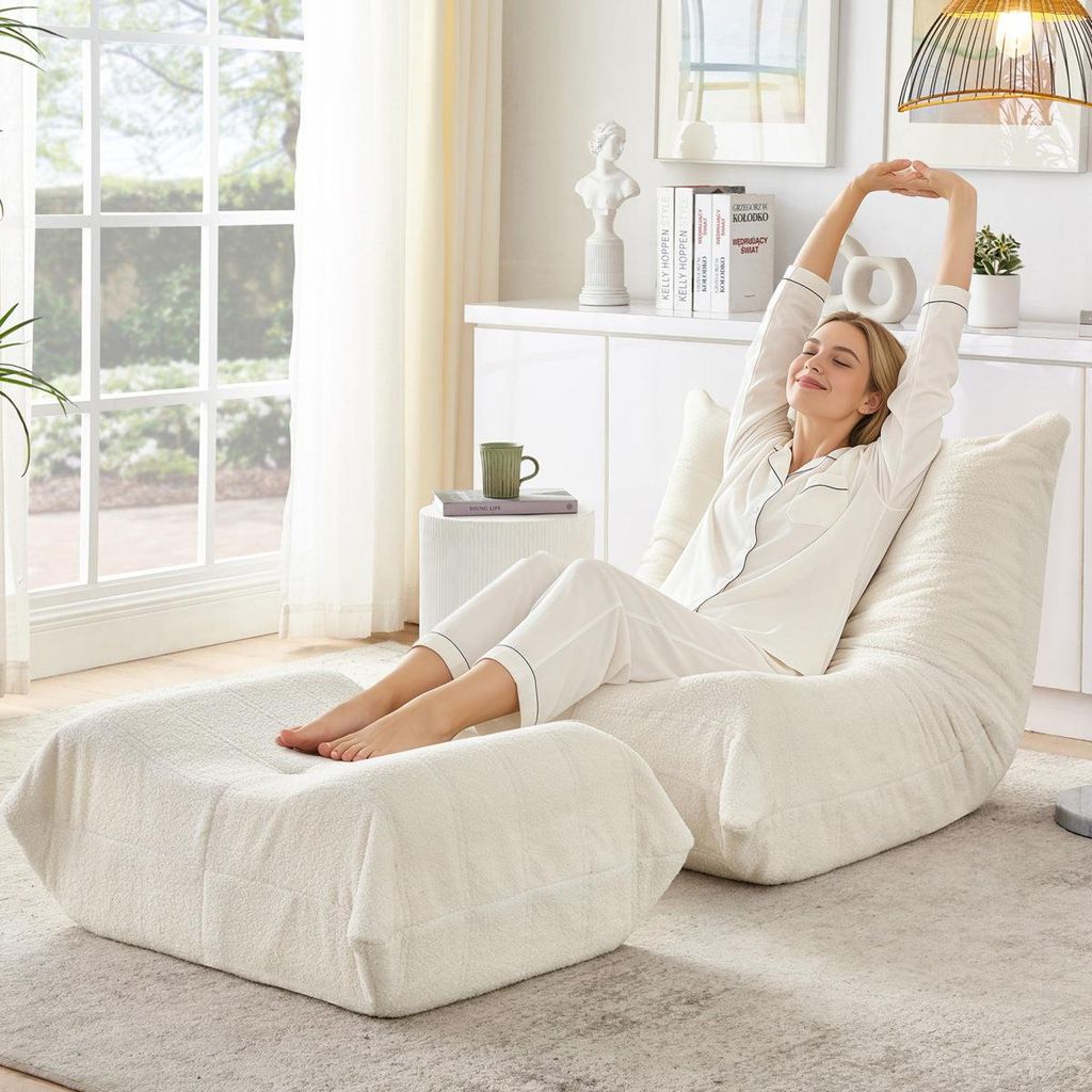 Relaxsessel mit Fußhocker Beige Teddyfell – Weiches Lazy Produktbild 