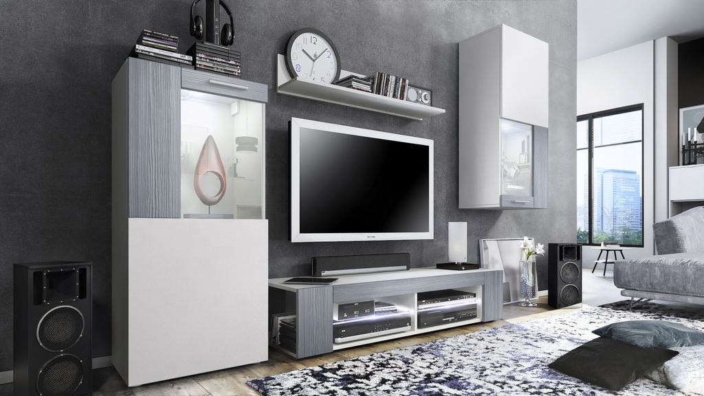 Vladon Wohnwand Movie, Anbauwand bestehend aus 1 TV-Board, 2 Vitrinen und 1 Regal, Weiß matt/Weiß matt/Avola-Anthrazit, inkl. LED-Beleuchtung wei...