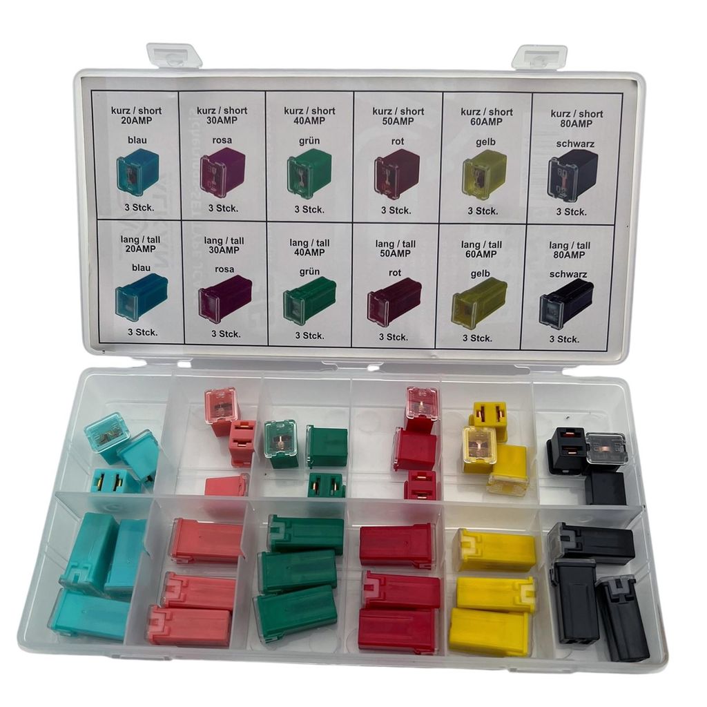 JCase Blocksicherungen Set 36-tlg. | 20A-80A kurz / lang KFZ Sicherungen 12V-24V