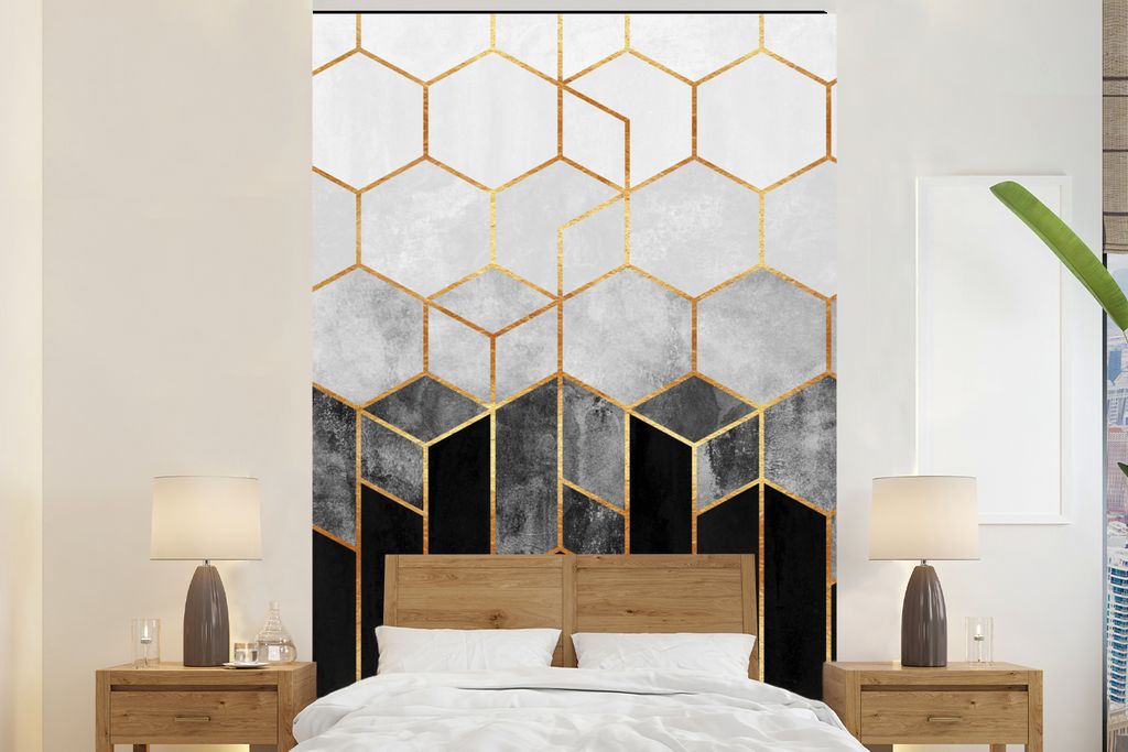 MuchoWow Fototapete für Wohnzimmer oder Schlafzimmer Wandtapete Vinyl Motivtapete Gold - Sechseck - Chic - Muster - Luxus - 145x220 cm - Wanddek...