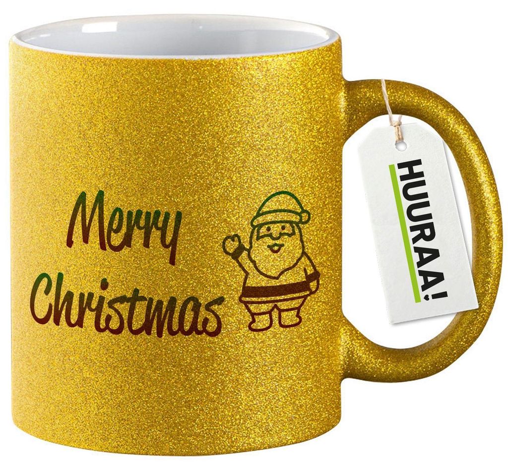 Huuraa Glitzertasse Merry Christmas Weihnachtsmann 330ml Gold Keramik Kaffeebecher Geschenkidee