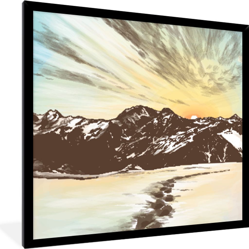 MuchoWow MuchoWow Gerahmtes Poster Meer - Berge - Sonne 40x40 cm - Poster mit zchwarzem Bilderrahmen - Mit Rahmen - Wanddekoration Schlafzimmer