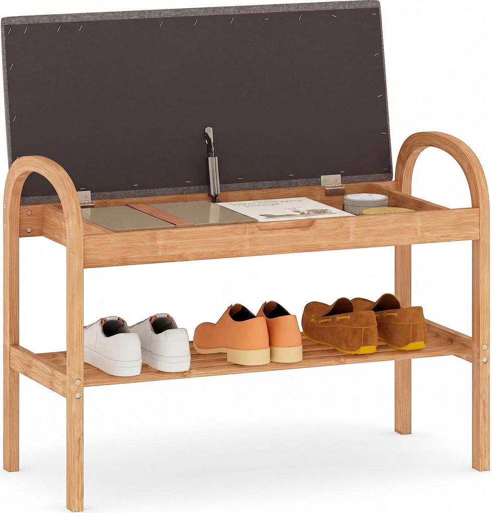 COSTWAY Schuhbank Bambus, Schuhregal mit gepolstertem Sitzkissen & Regal, kompakter Sitzbank für Flur, Eingangsbereich & Wohnzimmer, 70 x 31 x 51 cm