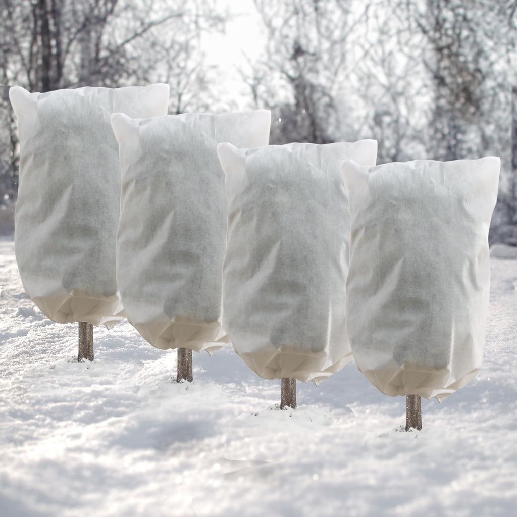 4-teiliger Winterschutz für Pflanzen, Winterschutzbeutel für Pflanzen 60 x 80 cm mit Kordelzug, wiederverwendbares Frostschutzvlies aus frost-, i...