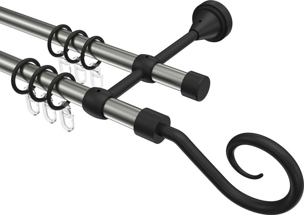 Interdeco Gardinenstange / Vorhangstange Edelstahl-Optik / Schwarz, Typ Primus Allegra (Spirale), 16 mm Ø 2-läufig, 280 cm