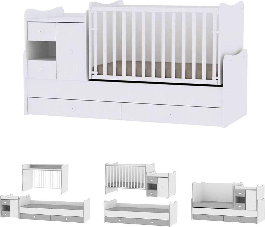 Lorelli Babybett, Jugendbett 3 in 1 Mini Max umbaubar, für 2 Kinder gleichzeitig weiß