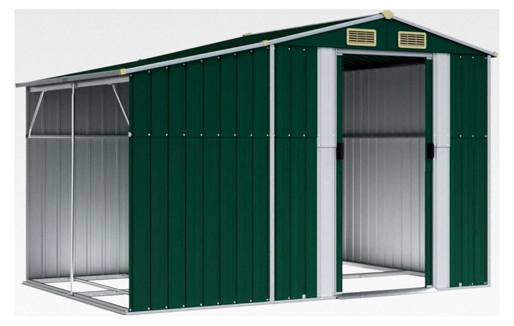 Gerätehaus Grün 277x192,5x179 cm Verzinkter Stahl, Wetterfestes Gerätehaus Garten Schuppen für Rasenmäher Möbel Campingzubehör