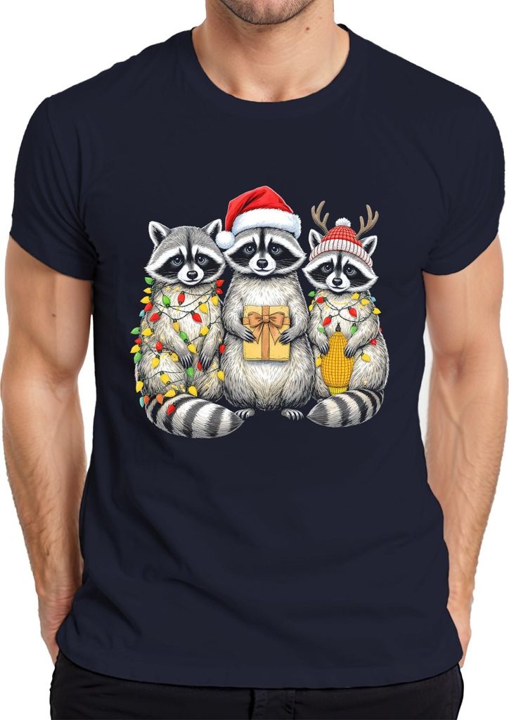 Weihnachts Waschbären Lustig Geschenk Lichterkette Weihnachtsmütz Herren T-Shirt, Navy, 3XL