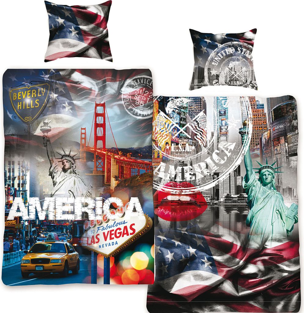 Collage of American landmarks and symbols.
