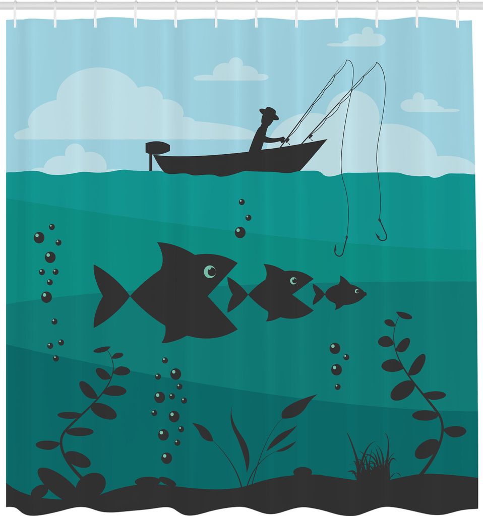 ABAKUHAUS Angeln Duschvorhang, Einzelner Mann im Boot, das mit Spulen Marine Marine Sea Natur-flippigem Bild-Druck lockt, Stoffliches Gewebe Badezi...