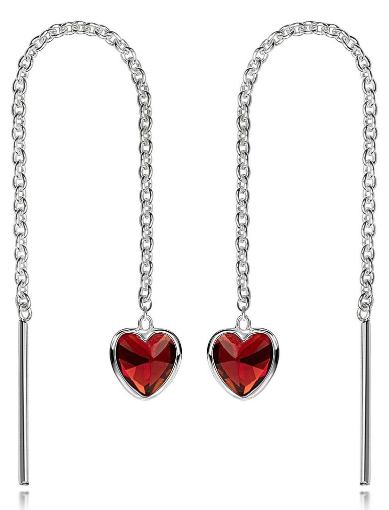 Silberne Durchzieher-Ohrhänger mit Kette und herzförmigem, rotem Zirkonia-Anhänger – modern, elegant und verspielt.